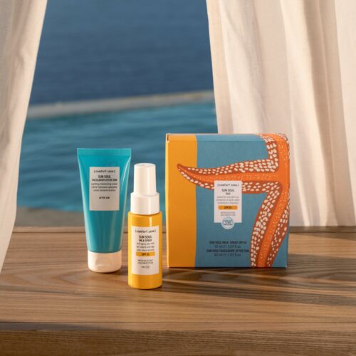 Nebeneinander auf dem Tisch stehen 2 Sonnenschutzprodukte von Comfort zone. Der Sun Soul Milk Spray mit SPF 30. Daneben die After Sun Pflege für Gesicht und Körper. Eine limitierte Edition.